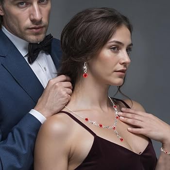 TAXTYHRE Ensemble Bijoux Femme Rose Rouge - Collier, Bracelet Et Boucles D'Oreilles Vintage - Cadeau Saint-Valentin