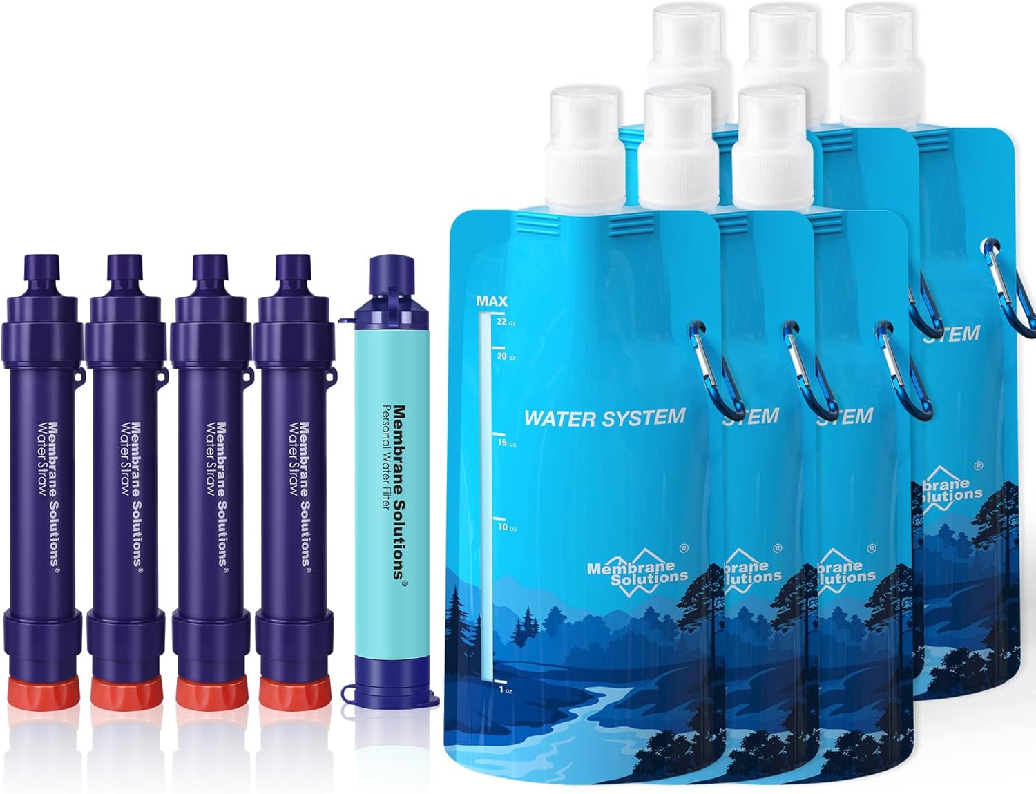 Membrane Solutions S2 Detachable Water Filter Straw (Pack of 4) with 23oz Collapsible Squeezable Water Filtration System