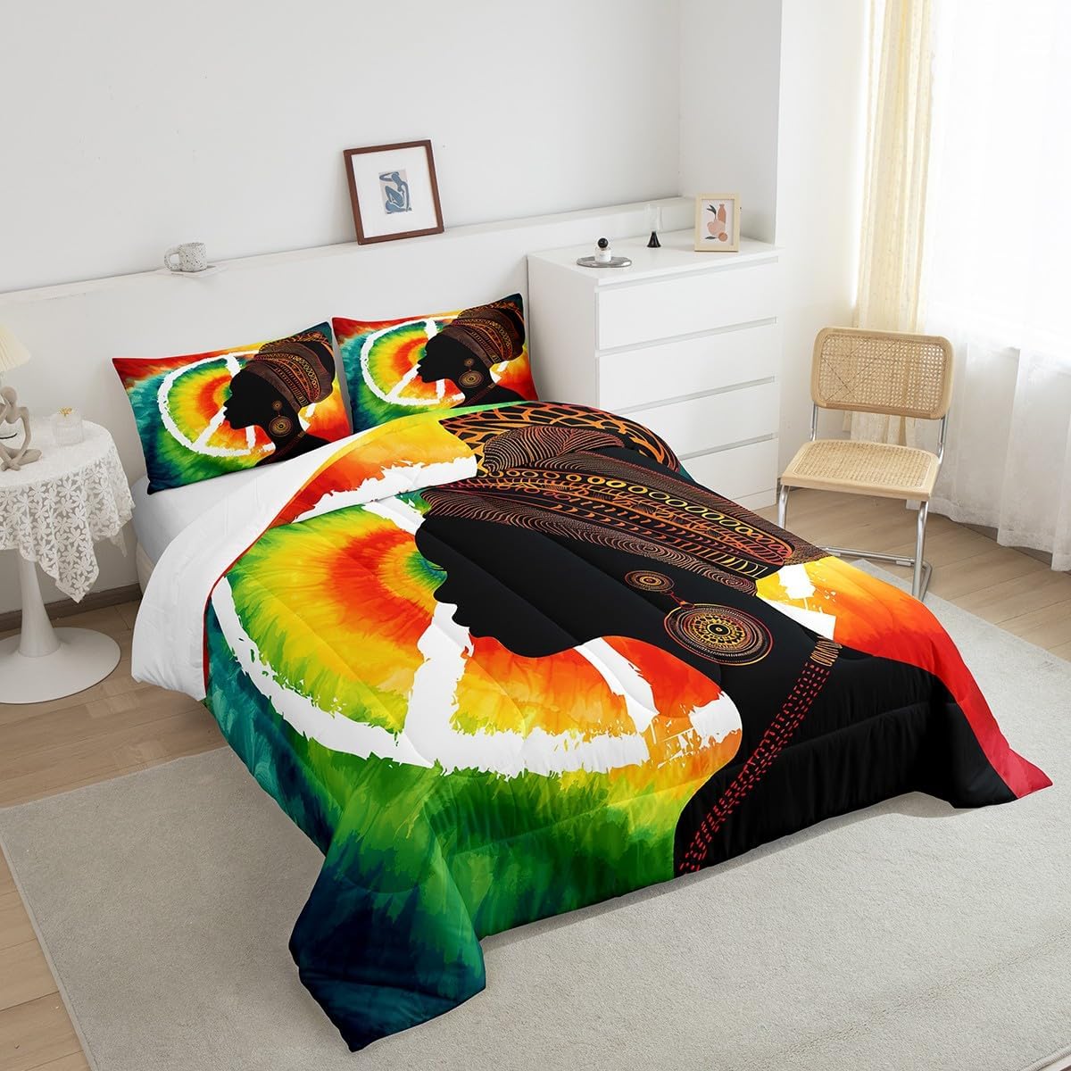 Manfei African Ethnic Woman Comforter Set for Kids,Boho American Black Skin Girl Juneteenth Peace Bedding Set for Women Bedroom,Watercolor Tie Dye Graffiti Comforter with 1 Pillowcase,Twin