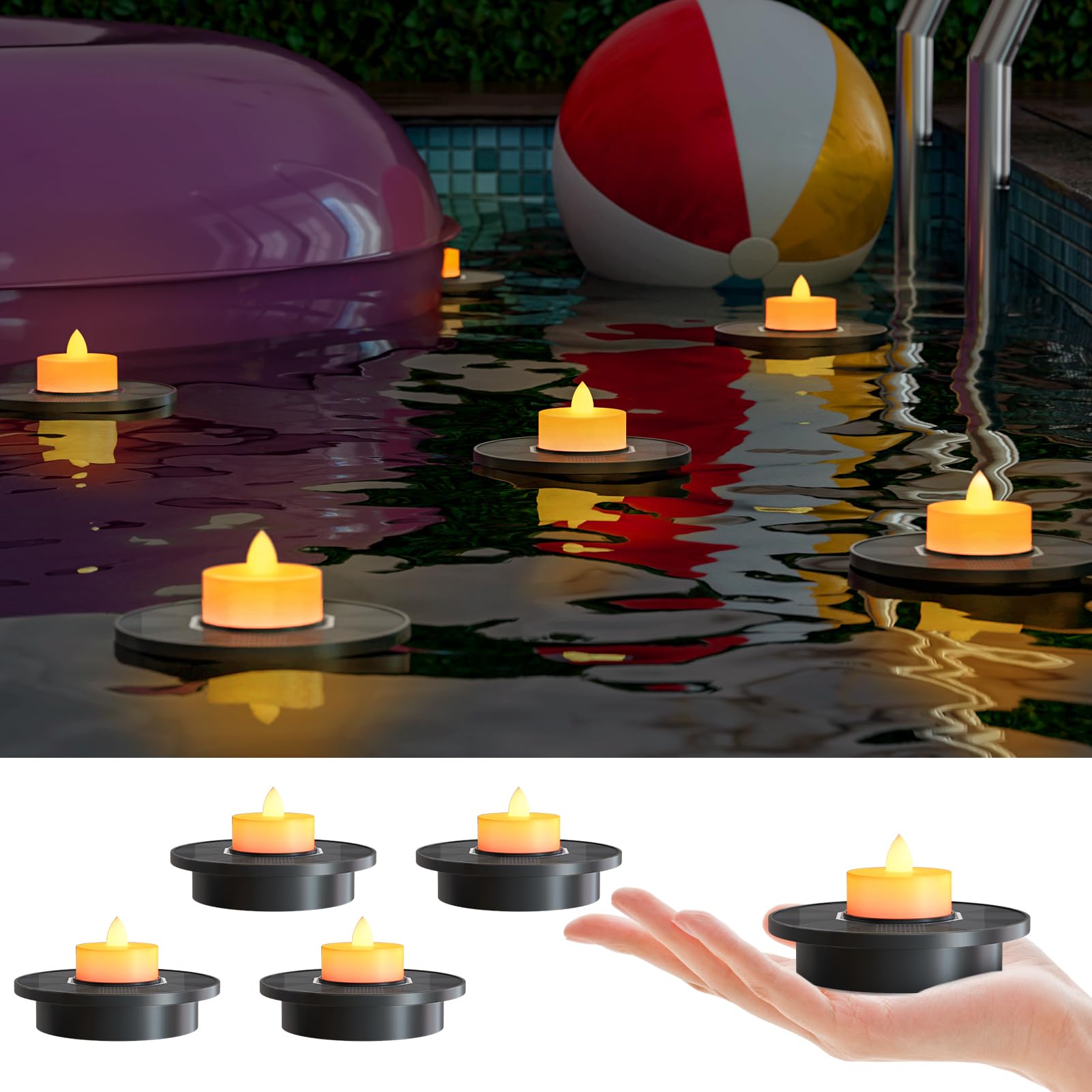 Solar Floating Pool Lights, 5-Pack Solar-Powered Float Candles Lamps Tea Light for Pond Party Garden Backyard Outdoor Decor-image-22