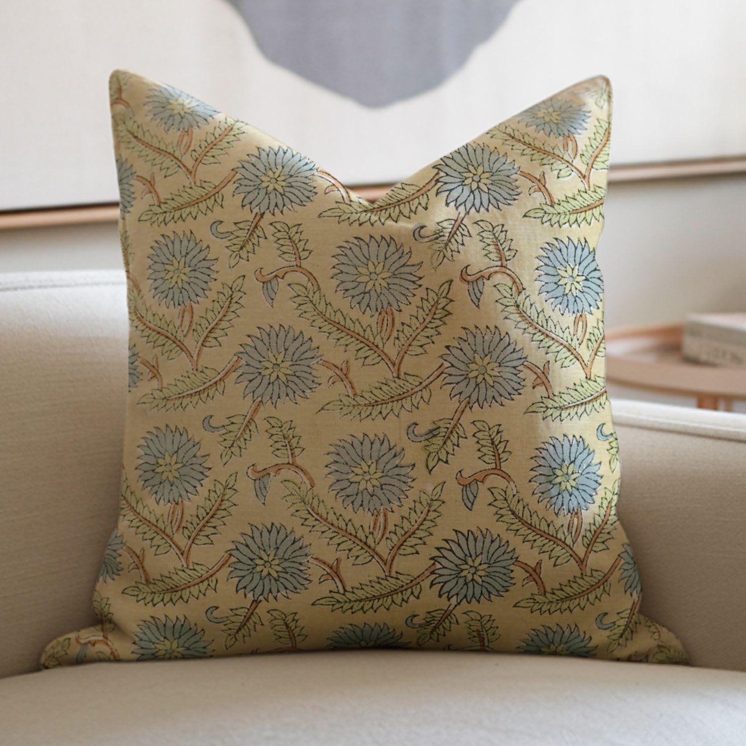 Pillow Covers Floral Hand Block Print Linen Blend 22X22 Throw Cushion Cover, Indoor Farmhouse Pillowcase, Decorative for Sofa, Couch, Bed, Boho Home Decor, Swarna, Black