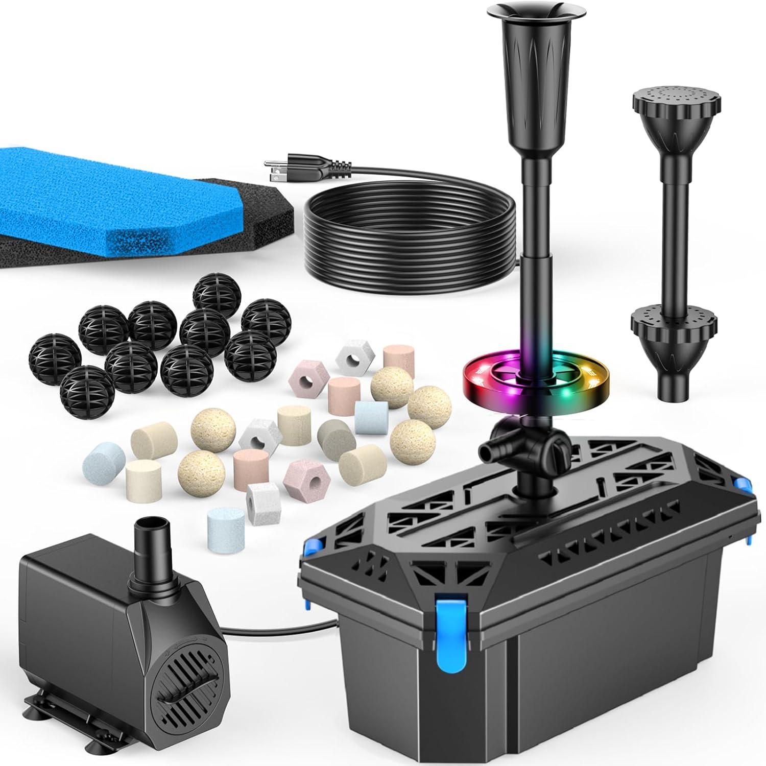 Antfraer RGB Pond Filter with Water Pump, Pond Filter Box with RGB Auto-Cycle LED Lights, 660GPH 40W Pond Pump with Pond Filter for Outdoor Ponds Fish Tank Waterfall Fountain Aquarium-Corded Electric