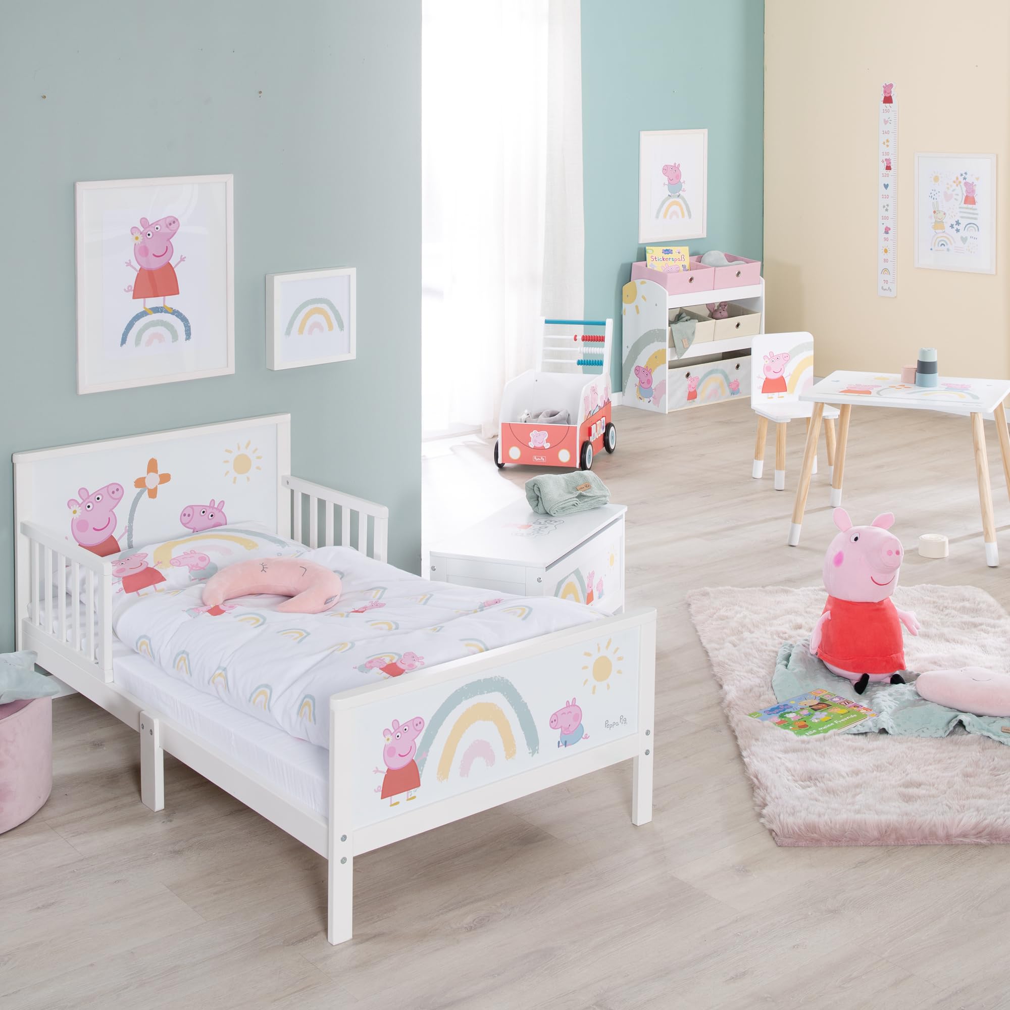 roba Cama Infantil Montessori Peppa Pig 70 x 140 cm para Niños + Somier y Ropa de Cama - Utilizable hasta 7 Años - Blanco/Diseño de Cerda