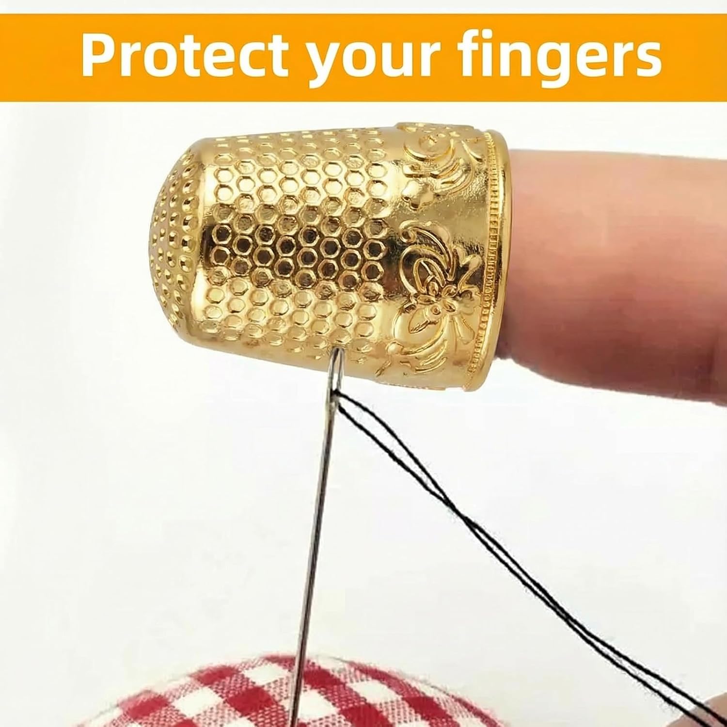 2 Pcs Sewing Thimble for Hand Sewing, Metal Finger Protectors for Hand Embroidery & Quilting, Finger Protectors for Knitting Needlework Safety, Gold & Silver