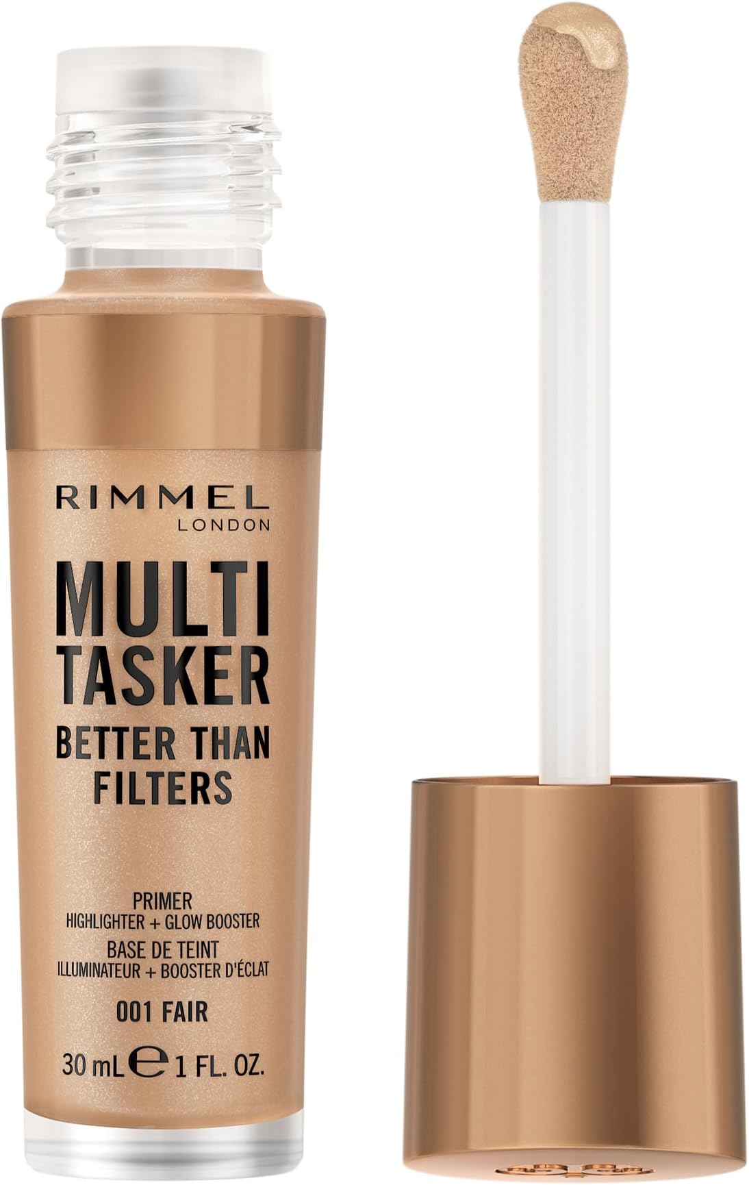 Rimmel Multi Tasker Better Than Filters, 001 Fair, 3 in 1 Face Primer, Glow Booster and Highlighter, Flawless Finish, Infused with Vitamin C and E, Maxi Soft Applicator, Vegan, 30ml