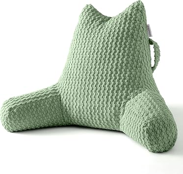 Reading Pillow for Bed Sitting Up, Backrest Pillow with Shredded Memory Foam Filling, Back Support Cushion, Bed Rest Pillow with Arms, Pockets and Washable Cover-Green