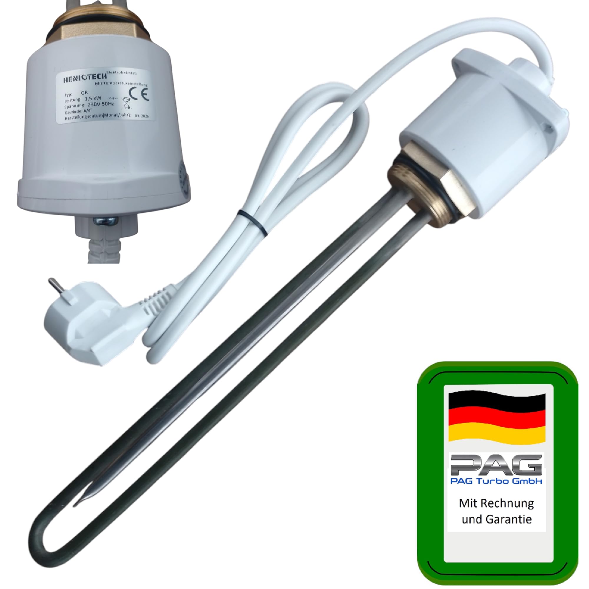 230V Heizstab Heizpatrone für Boiler m. Thermostat 1,5kW Gewinde 6/4" (ca. 47,4 mm) (6/4" - 1,5kW) - von PAG Turbo GmbH®