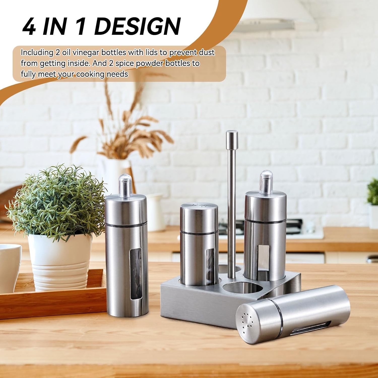 Cyrank Oil and Vinegar Dispenser Set, 4 in 1 Stainless Steel Salt Pepper Holder Salt Pepper Shaker Set with Holder Olive Oil Vinegar Cruets for Kitchen Cooking