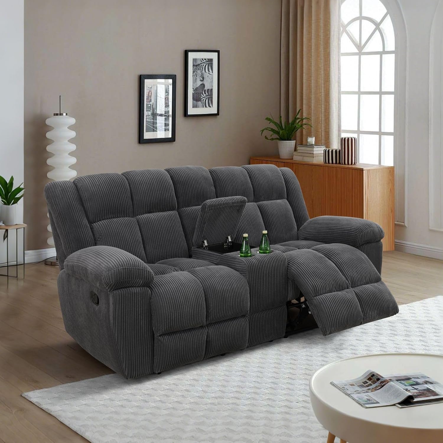 Recliner Sofa for Reclining Living Room Furniture，Brown Reclining Sofa Manual Breathable Fabric Extra Wide 3 Seater Reclining Couch with Drop Down Table Modern Overstuffed Recliner