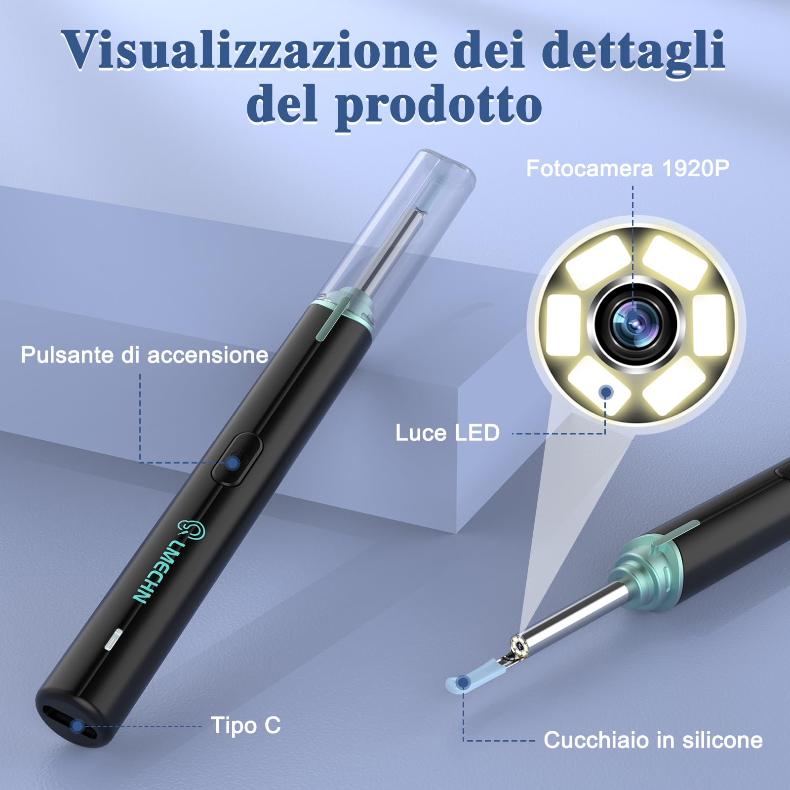 LMEHCN Otoscopio per Pulizia Orecchie - Pulisci Orecchie con Visione 1080P, 6 Luci LED, IP67 Impermeabile, Diametro 3 mm, Compatibile con iPhone iPad e Telefoni Android, Nero