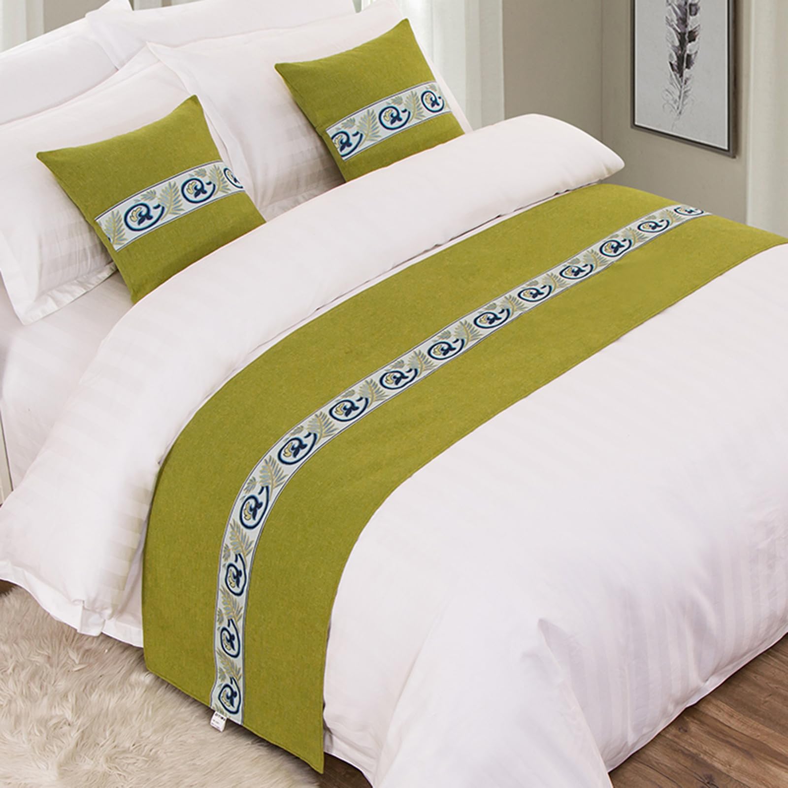 QRGMKL Graphic Print Bed Runners King Size, Luxury Bed Scarf Double Bedspread for Bedroom Hotel Home Decoration-Light Green||210X50cm for 1.5m Bed