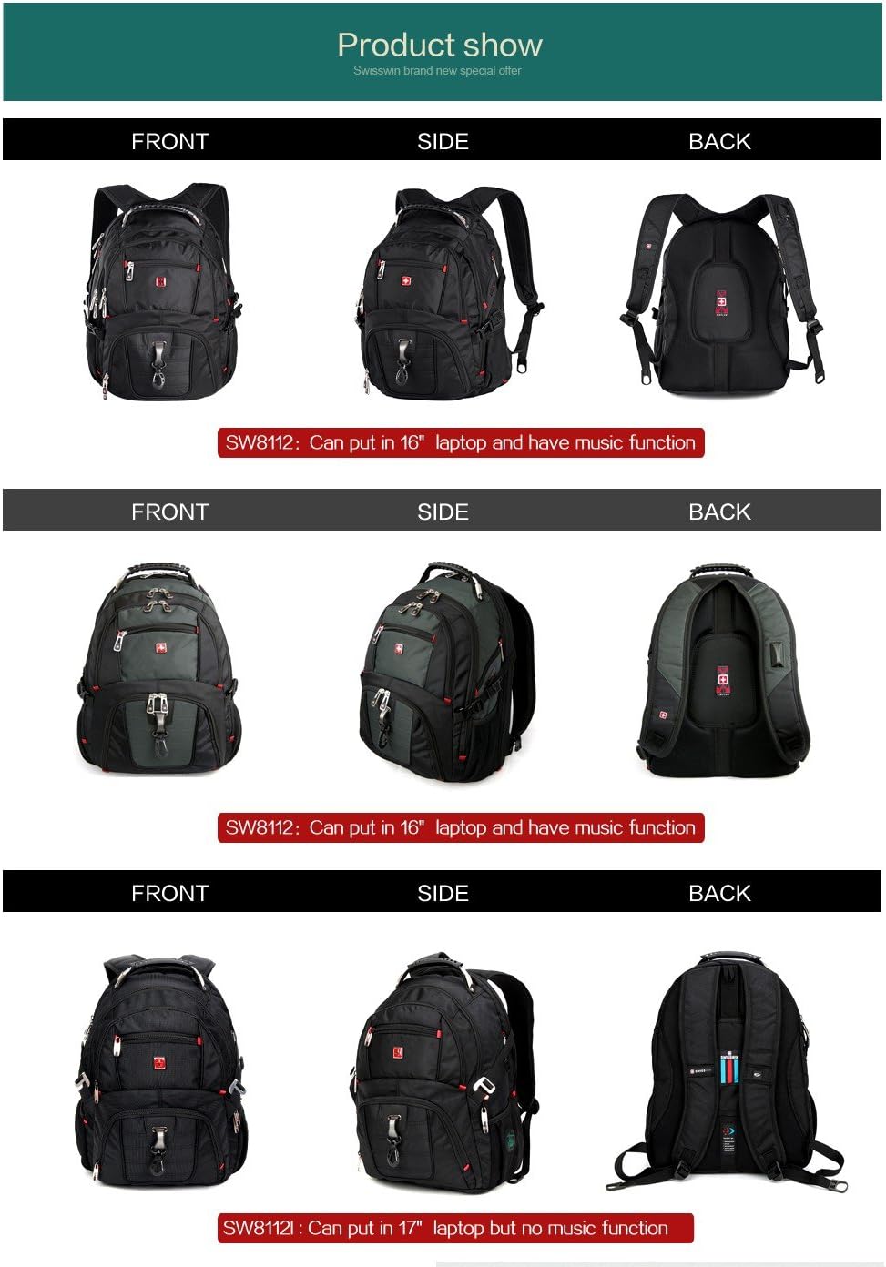 SWISSWIN Swiss Waterproof Business Backpack Travel Backpack College School Backpack Casual Daypack Daily Shoulder Bag SW8112 Black 16 inch Laptop Notebook Backpack for Men Womens Boys Girls …
