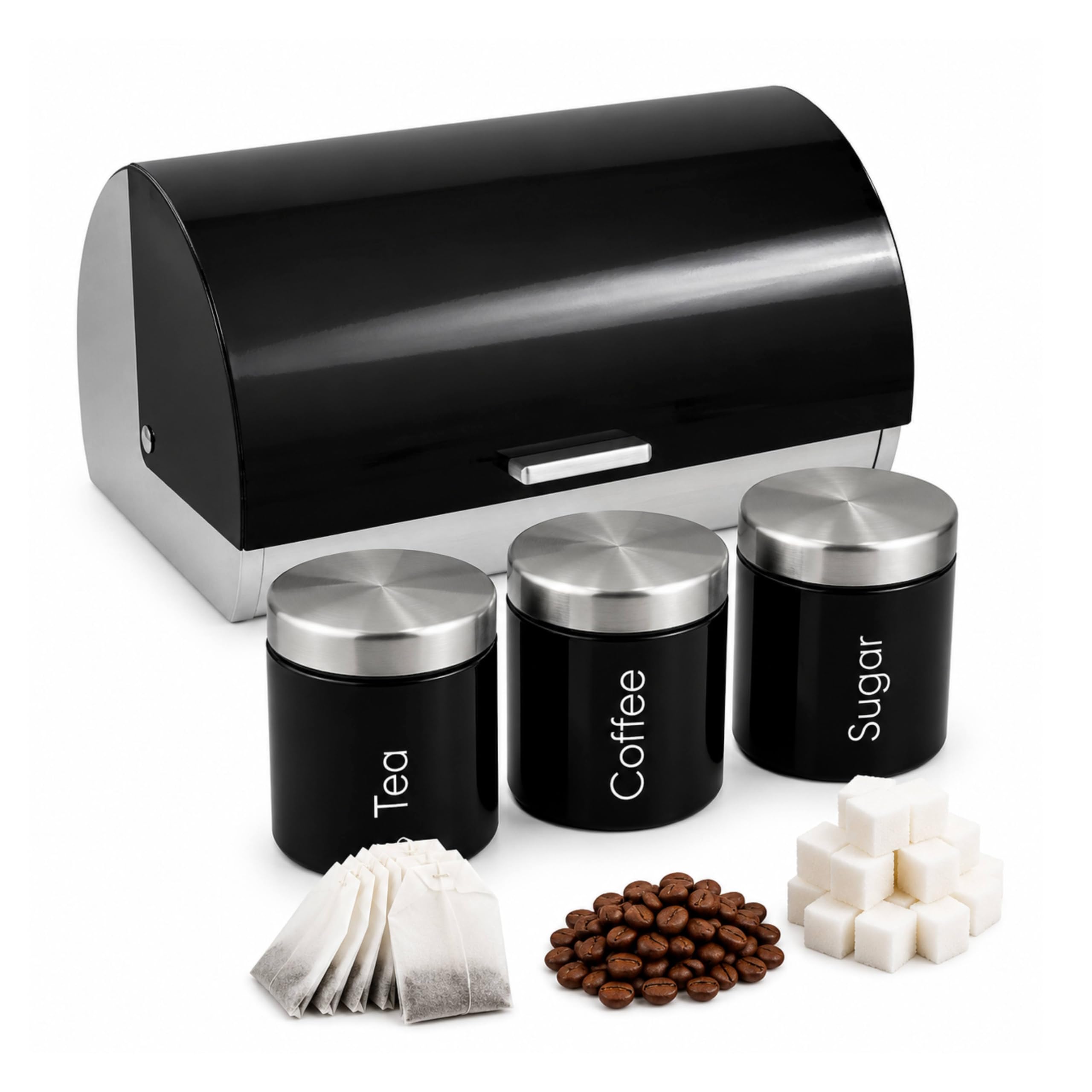 ALAYSTAR Bread Bin & Tea Coffee Sugar Canister Set Black Metal Kitchen Set