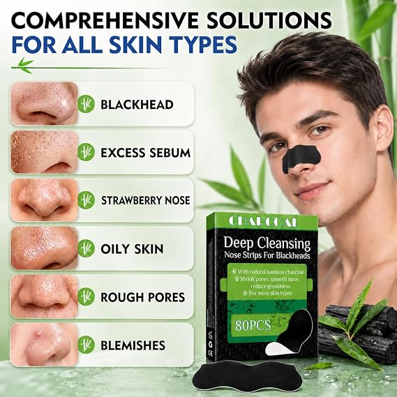 Blackhead Remover Strips, 80 Pcs Deep Cleansing Charcoal Nose Strips, Gentle Natural Formula, Effective Pore Unclogger for Men and Women, Suitable for All Skin Types