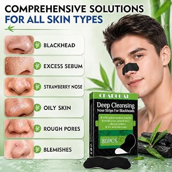 Blackhead Remover Strips, 80 Pcs Deep Cleansing Charcoal Nose Strips, Gentle Natural Formula, Effective Pore Unclogger for Men and Women, Suitable for All Skin Types
