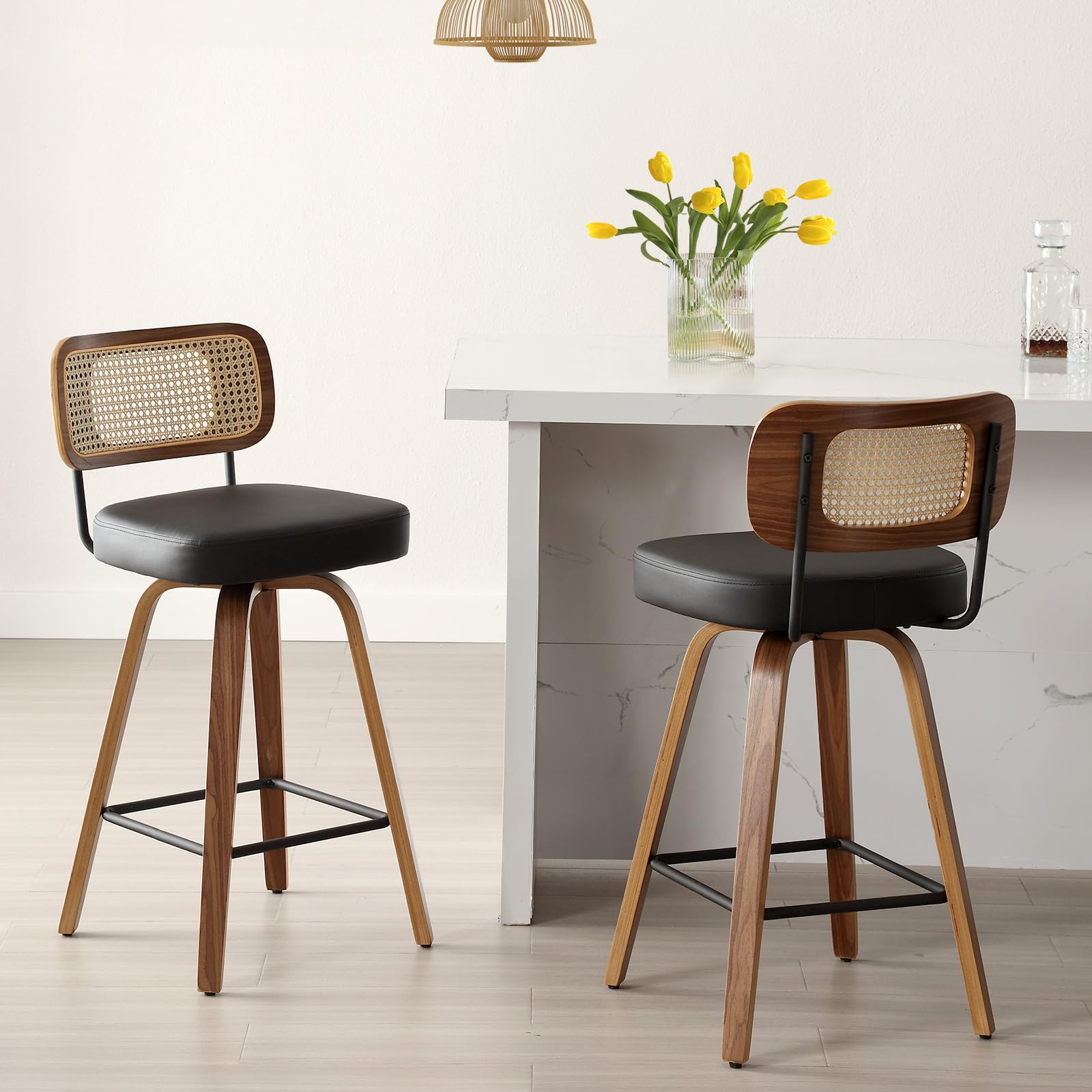 Bekrvio Swivel Counter Height Bar Stools Set of 2, 65CM Upholstered Rattan Backrest and Bent Wood Legs, Mid Century Modern Bar Chair Island Stool for Kitchen Counter, Black