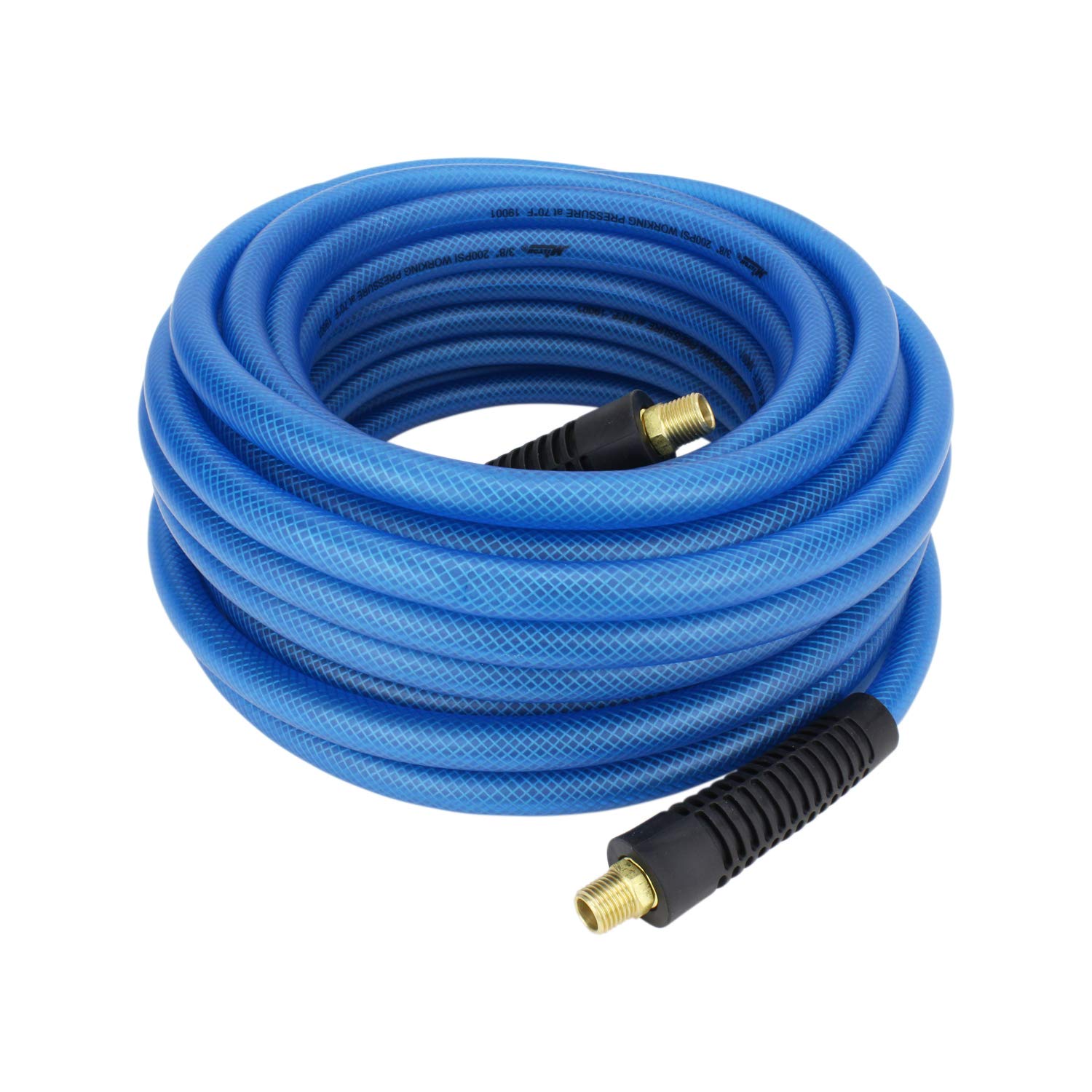 Milton (1624-2) FLEX HOSE Reinforced Polyurethane Air Hose 50 ft. x 3/8” ID, 200 PSI, Lightweight Hybrid Air Compressor Hose w/ ¼” MNPT brass fitting, Cold Weather Flexible, Bend Restrictor – Blue