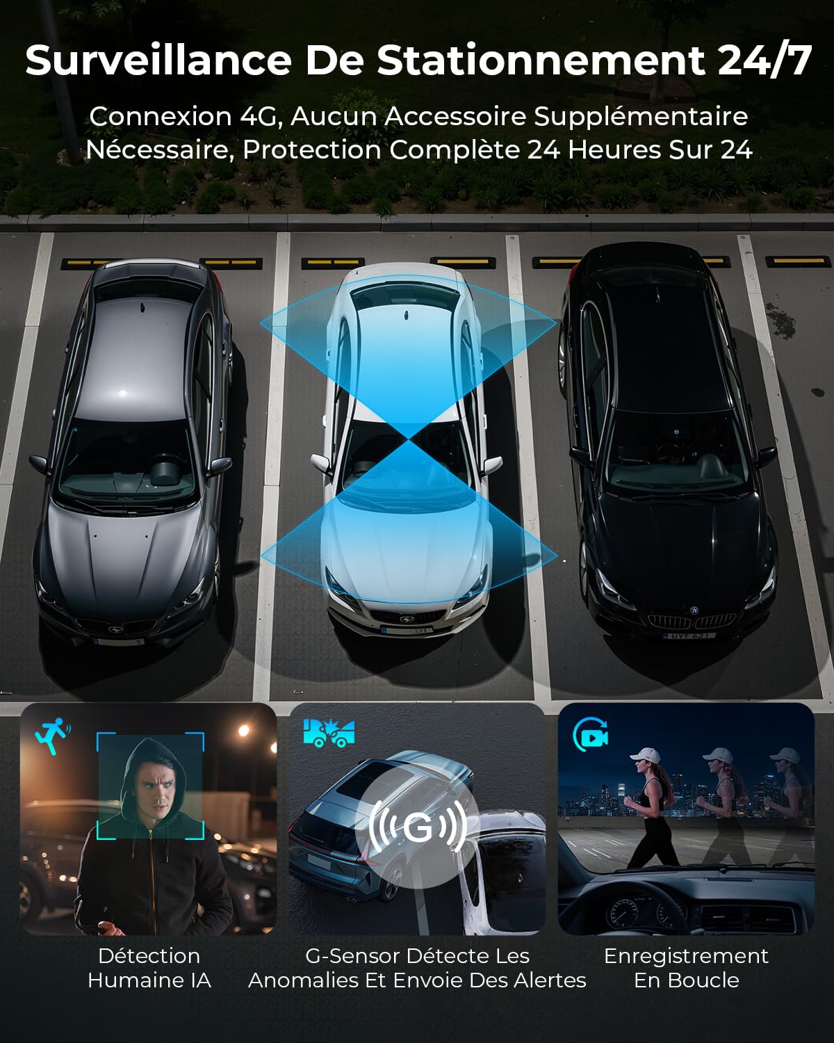 4G LTE Dash CAM para Coche 2K+1080P, Modo de Estacionamiento 24/7, GPS, OBD, Sensor G, App Alertas y Vista en Directo, Visión Nocturna, Grabación en Bucle, Tarjeta SD 32GB Incluida