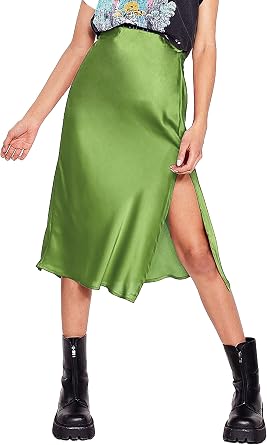ALCEA ROSEA Womens Silky Satin Midi Skirt High Waist Elastic Waist A Line Skirt with Slit