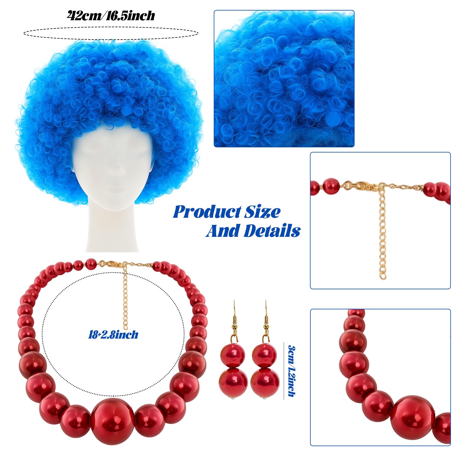Mepase 4-teiliges Cartoon-Halloween-Kostüm-Zubehör-Set, blaue Perücke, Kleid, Schnur, Halskette, Ohrringe, Cartoon-Charakter für Damen
