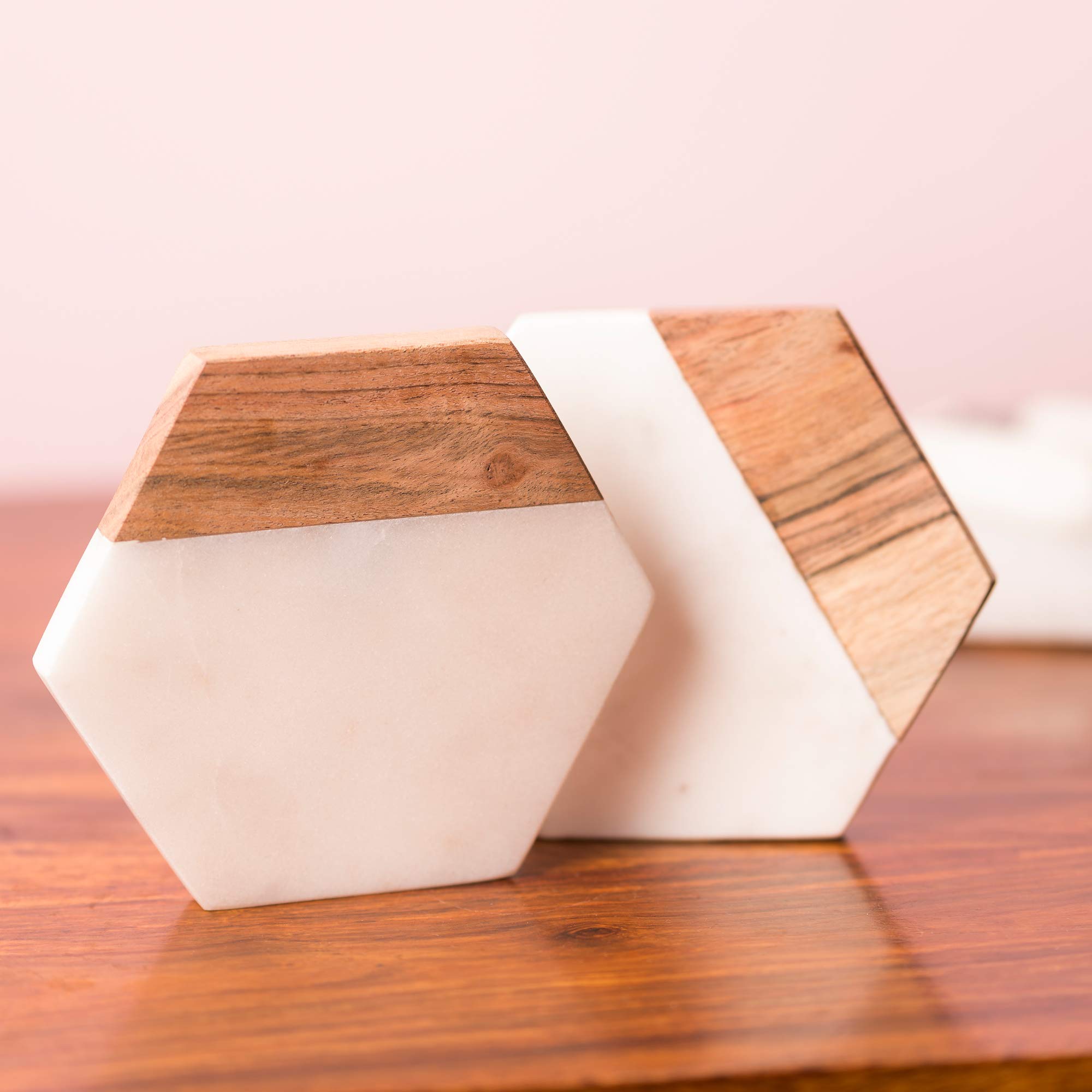 NikkisPride Marble Wood Hexageon Coaster Trivet Set of 2