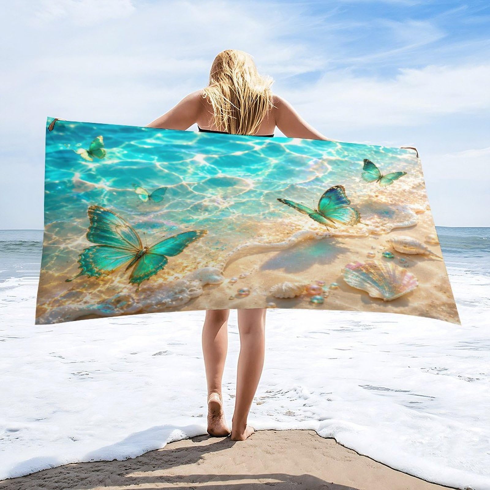 Anceky Butterfly Beach Seashell Ocean Beach Towel 32"×63",Soft Microfiber Bath Towel Shawl, Quick Dry Absorbent Pool Spa Gym Shower Towel