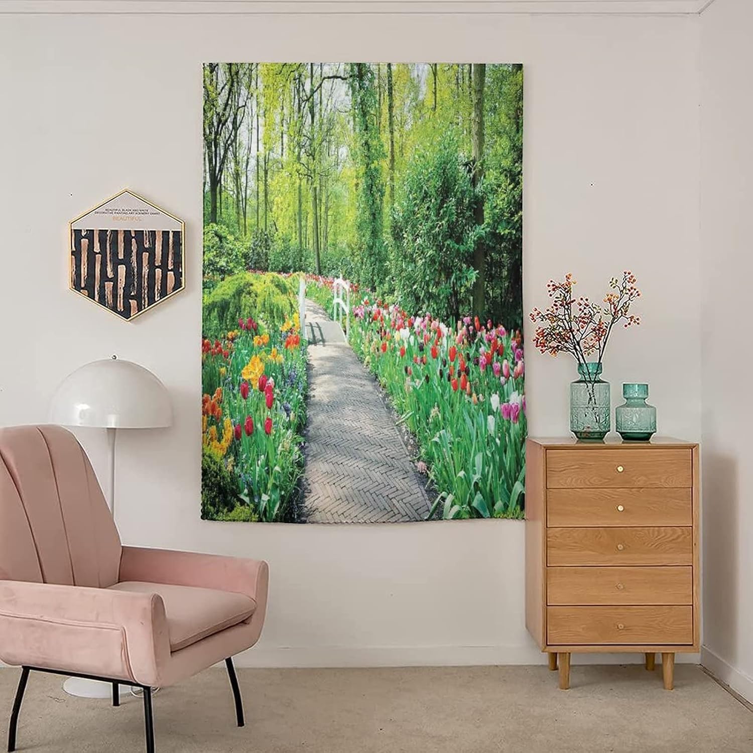 Travel Windows Blackout Curtain, Country Decor Curtain Shades, Tulips in Keukenhof Gardens Path Along Print Adjustable Temporary Blackout Shades,26W x68L Inch, for Kitchen Bathroom Living Room