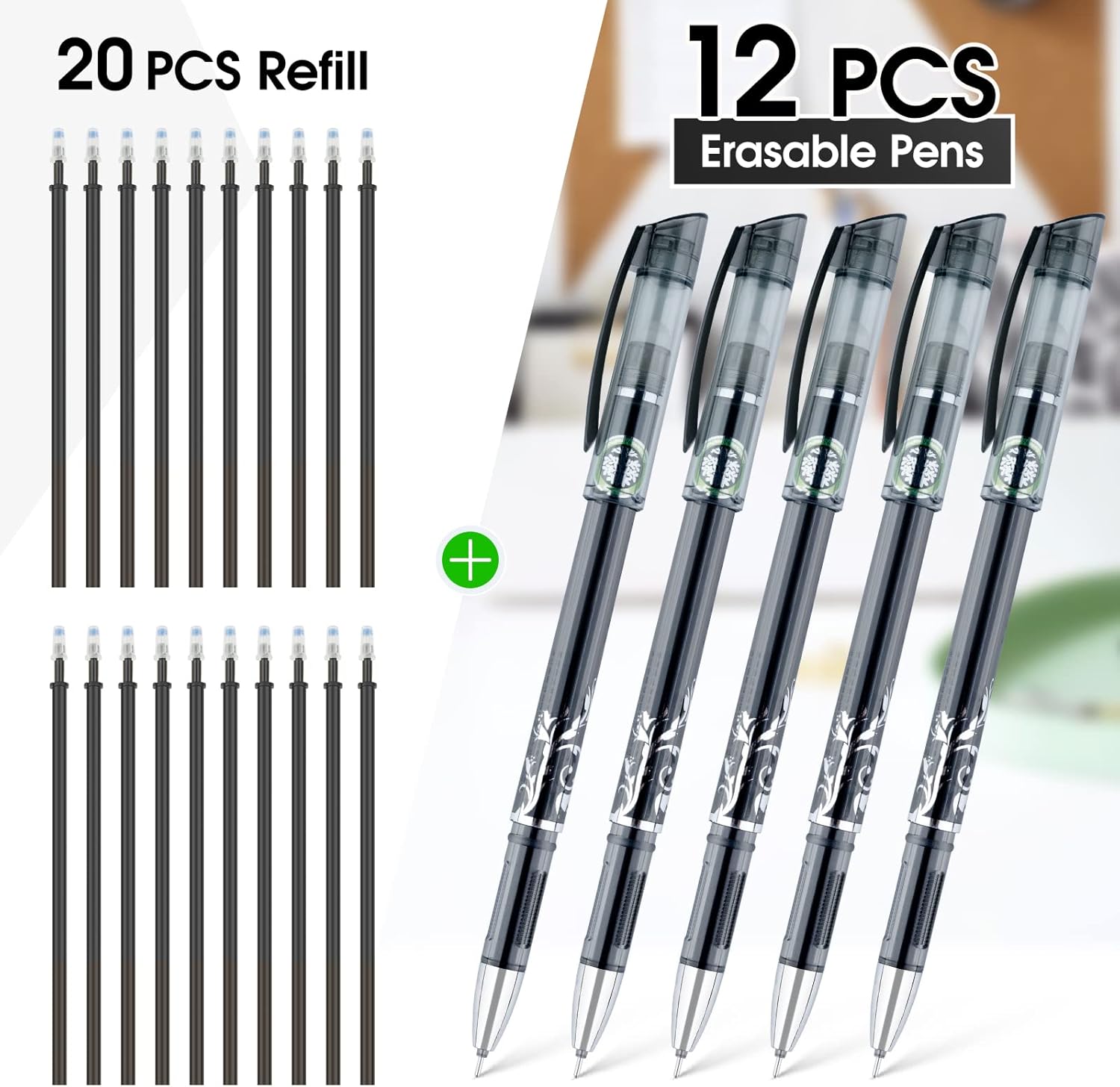 APOGO Erasable Pens Black, 12PCS Eraser Pen and 20 Replaceable Refills