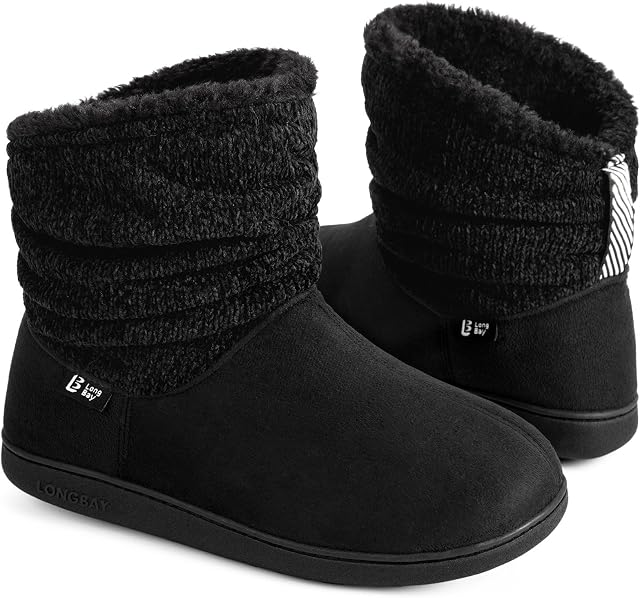 Longbay Women's Warm Chenille Knit Bootie Slippers Memory Foam Comfy Suede Fluffy Faux Fur Memory Foam Winter Boots House Shoes