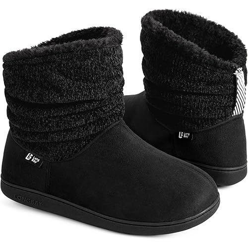 LongBay Women's Warm Chenille Knit Bootie Slippers Memory Foam Comfy Suede Fluffy Faux Fur Boots House Shoes
