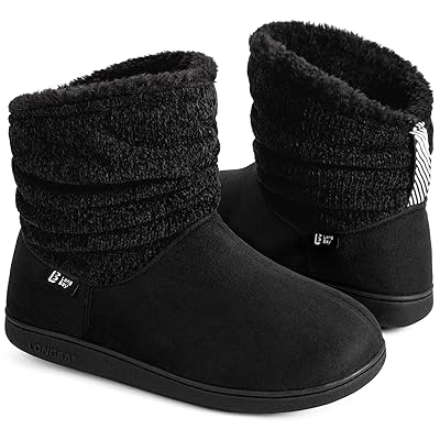 LongBay Women's Warm Chenille Knit Bootie Slippers Memory Foam Comfy Suede Fluffy Faux Fur Boots House Shoes