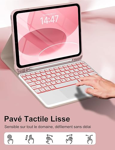 FOGARI Keyboard Case for iPad 11/10th Generation 2025/2022, Detachable Wireless Bluetooth AZERTY Keyboard Backlight 7 Colors Multi-Touch Touchpad for iPad 10th Gen/A16 (10.9"/11") - Pink - 3
