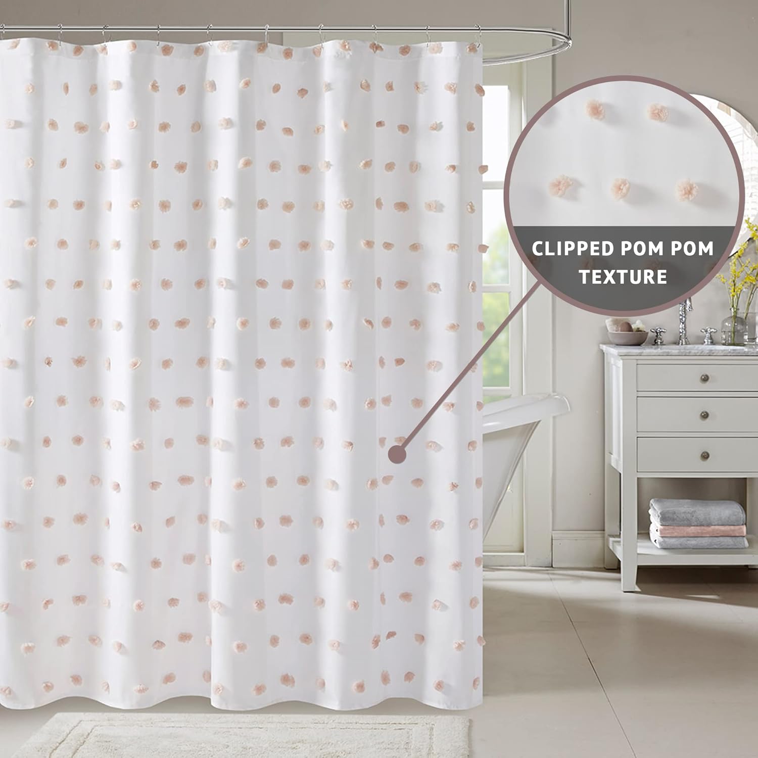 White Polyester Shower Curtain with Blush Pom Poms