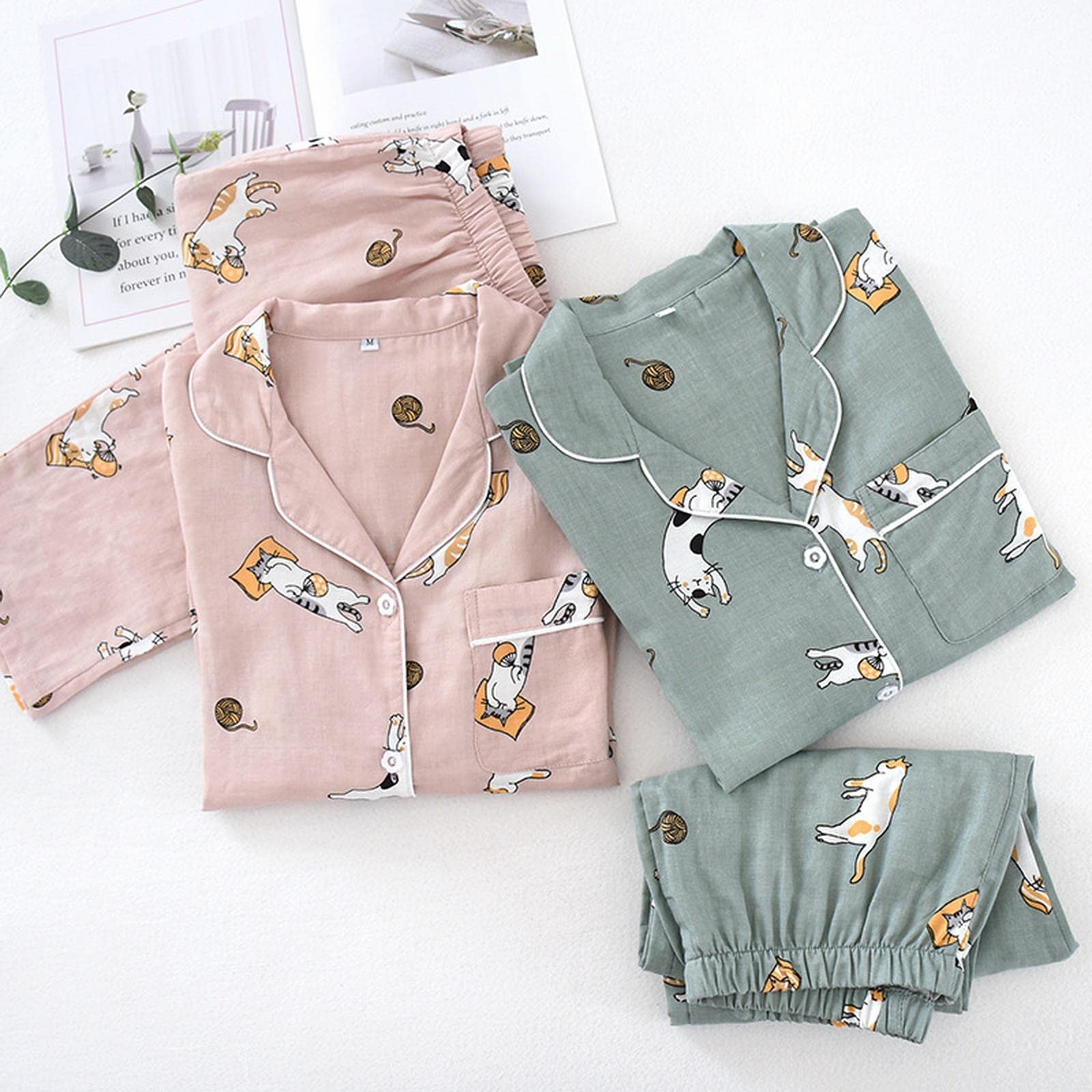 Pigiama Donna Signori da Donna Set da Cartone Animato per Gatto da Gatto Femminile 2 Pezzi Camicia A Torni in Giù+Pantaloni Comodo Natura Abbigliamento da Sonno