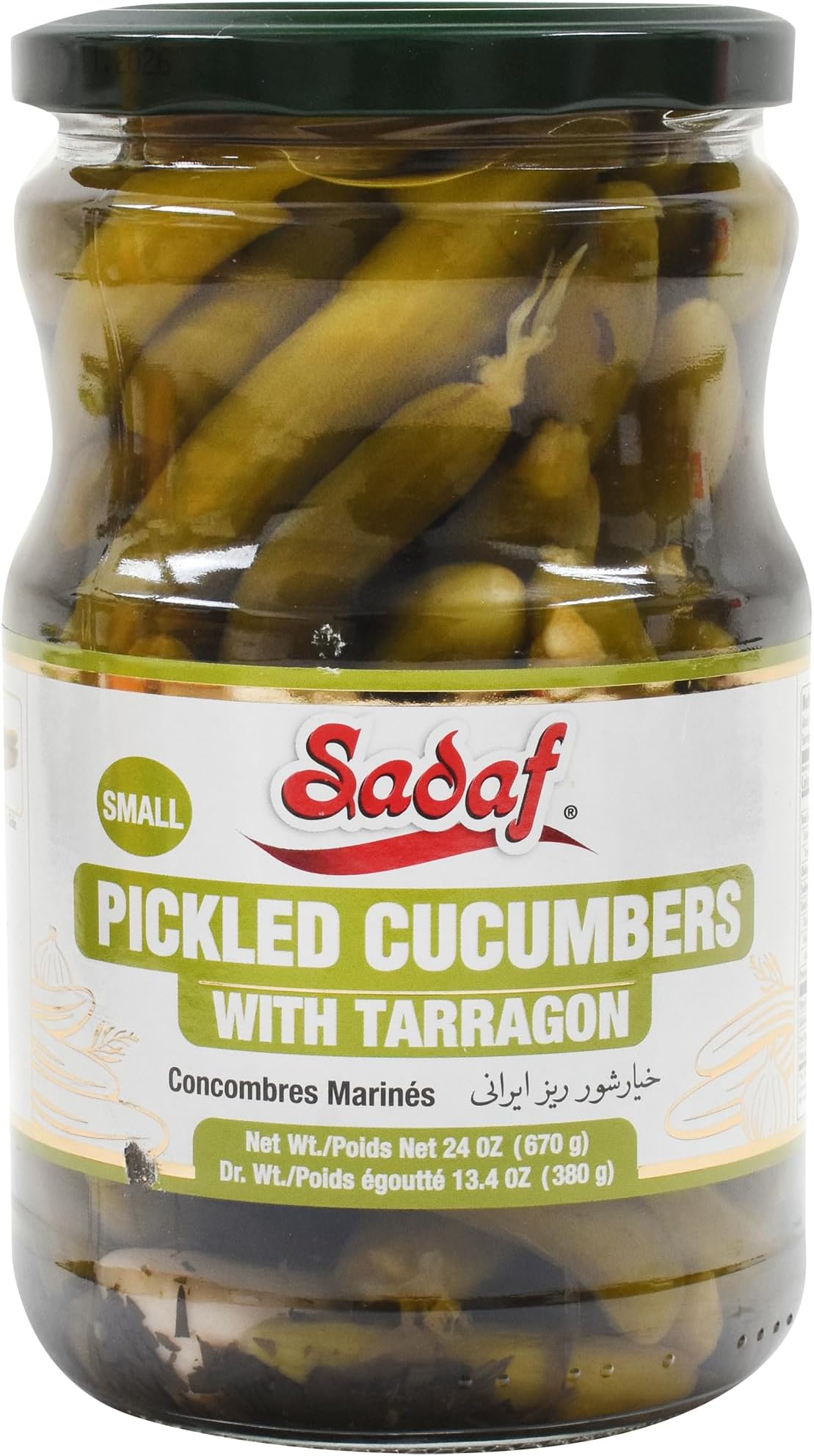 Sadaf Pickled Cucumbers with Tarragon - Pickled Cucumber for Cooking, Flavoring or Snacking - Kosher - 24 Oz Jar