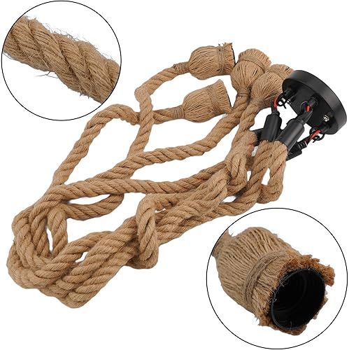 Miniatura 3 de Lámpara colgante industrial retro de 4 luces con cuerda de cáñamo natural, soporte de lámpara E27 para decoración del hogar, bar, restaurante (sin