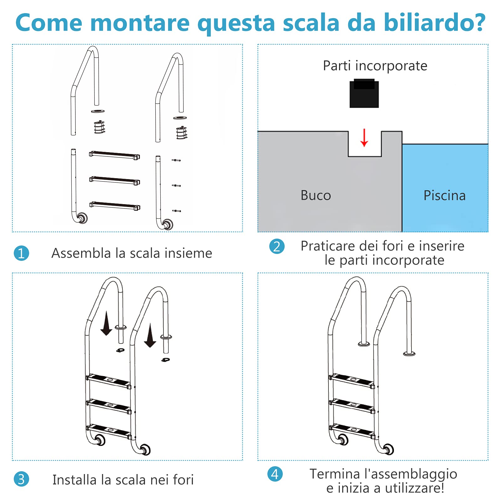 COSTWAY Scaletta per Piscina in Acciaio Inox, Scaletta Piscina con 3 gradini Antiscivolo, con Corrimano Comodo, Capacità di Carico: 150 kg