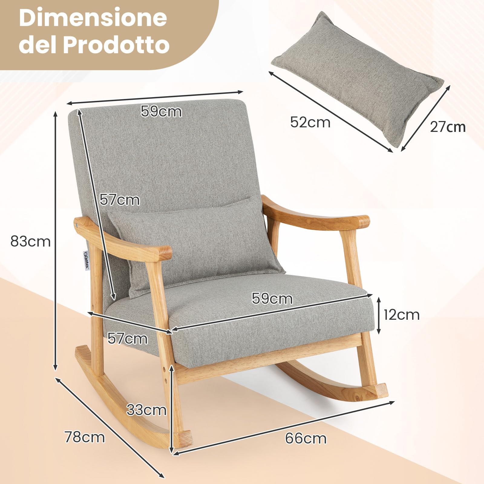 COSTWAY Sedia a Dondolo con Cuscino, Poltrona Dondolo Interno Ergonomica con Schienale Alto, Seduta Imbottito, in Legno di Gomma, per Soggiorno e Camera da Letto (Grigio)