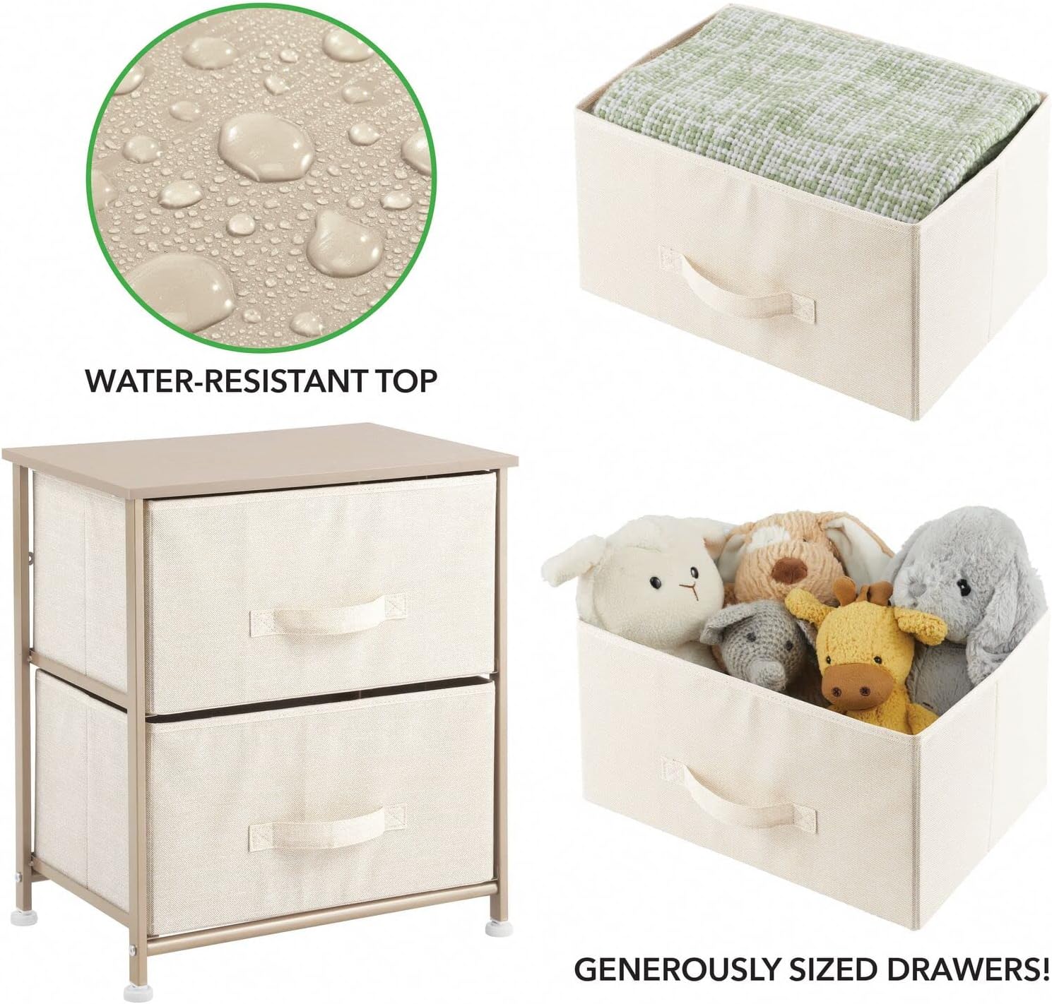 mDesign Small Storage Dresser End/Side Table Night Stand with 2 Removable Fabric Drawers - Organizer for Bedroom, Living Room, Closet - Hold Clothes, Linens, Accessories, Lido Collection, Cream/Gold
