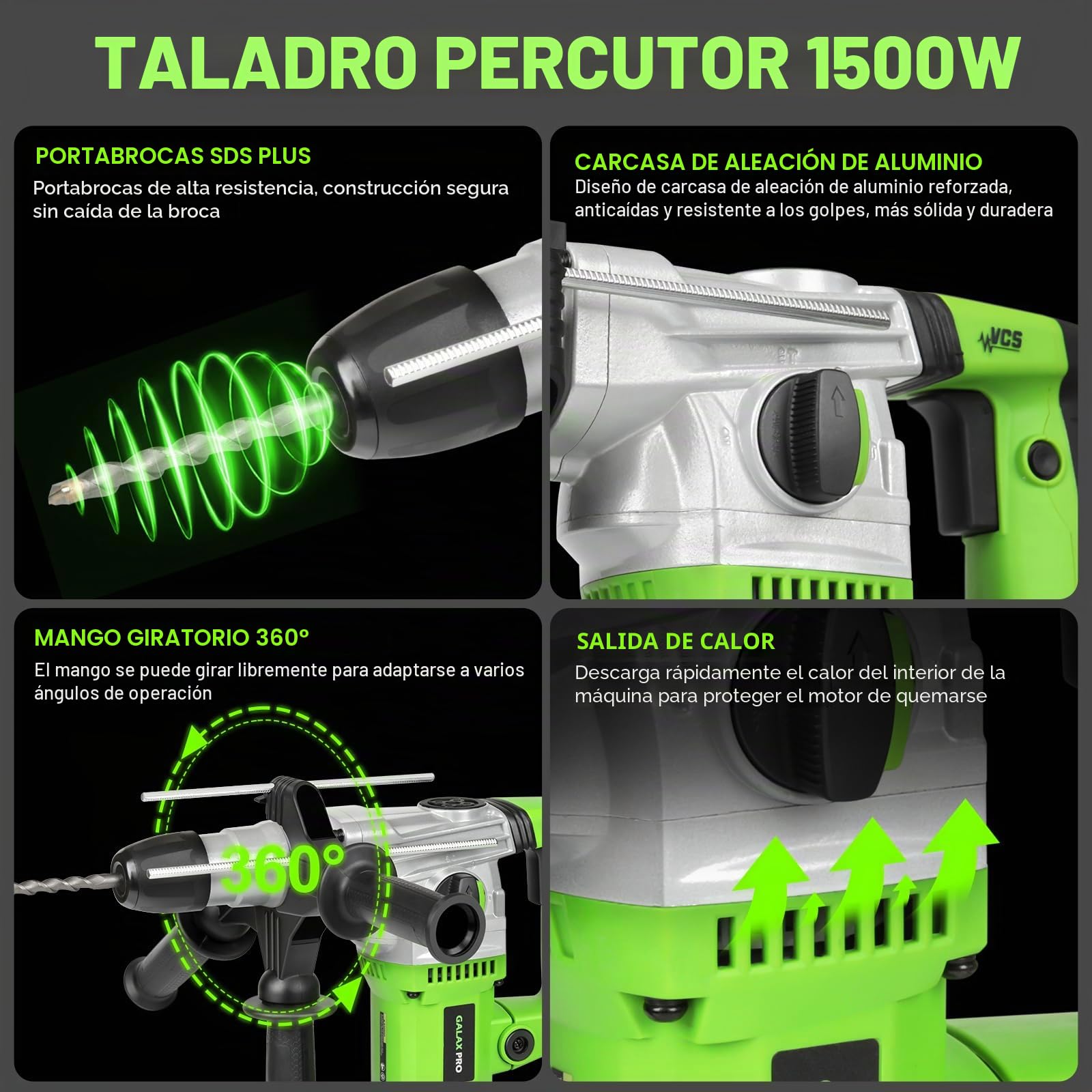 GALAX PRO Martillo Perforador 1500W,4.3J 4000BPM Martillo Demoledor | con SDS-Plus Mandril y Embrague de Seguridad,4 Funciones, Incluye Grasa, Cinceles, Brocas y Bolsa de Herramientas