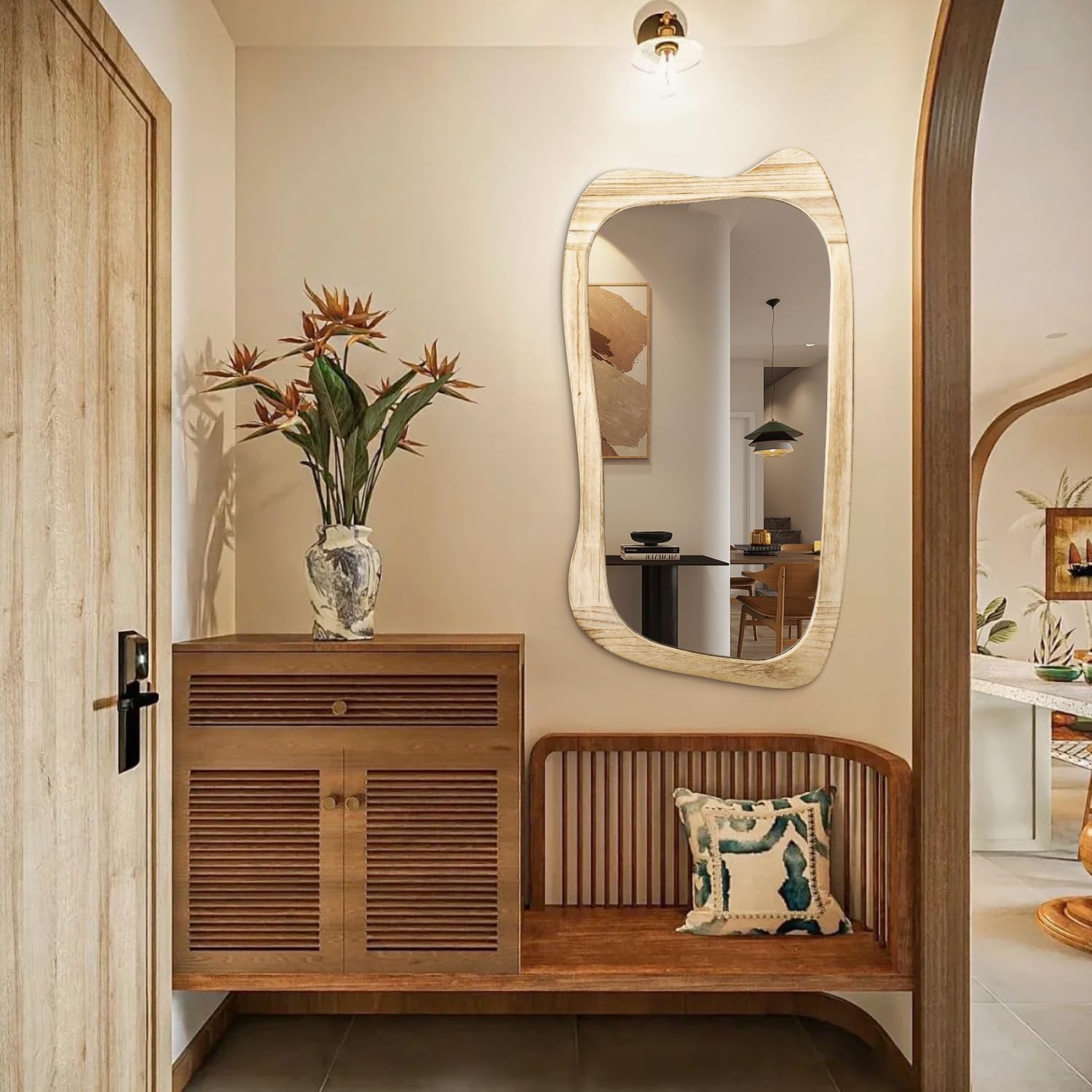 AAZZKANG Asymmetrical Wooden Wall Mirror,Rustic Irregular Wall Mount Mirror 32"x20" Vanity Mirror Large Decorative Mirror for Bathroom Bedroom Living Room Hallway