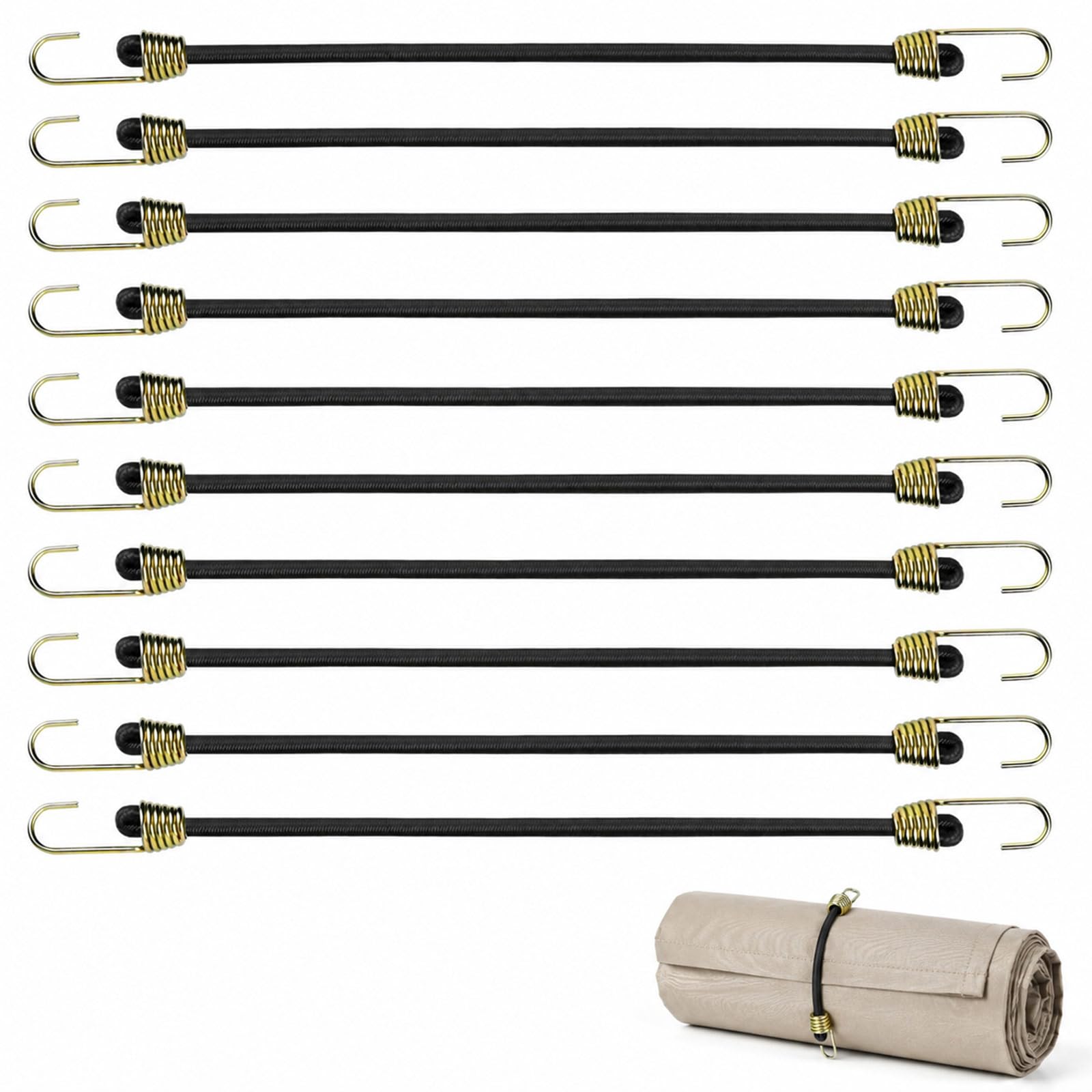 Livawnd 10 Pack 25.4cm Mini Bungee Cords with Hooks, Heavy Duty Black Elastic Straps, Latex Core Weatherproof Bungee Cords for Bundling, Securing Small Items, Camping, Luggage