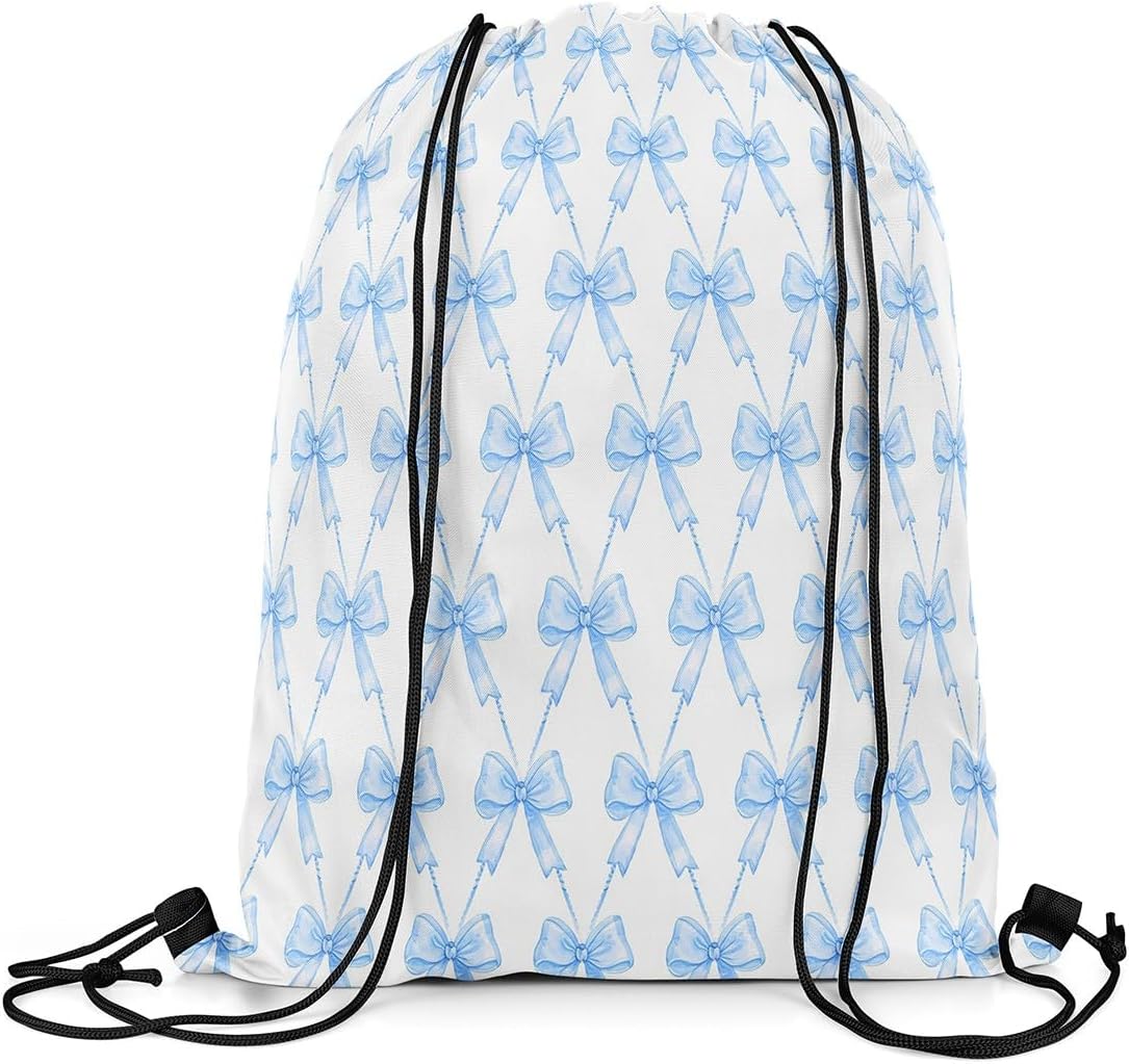 jejeloiu Blue Bow Drawstring Backpack 13"x15.7" Women Men image 3