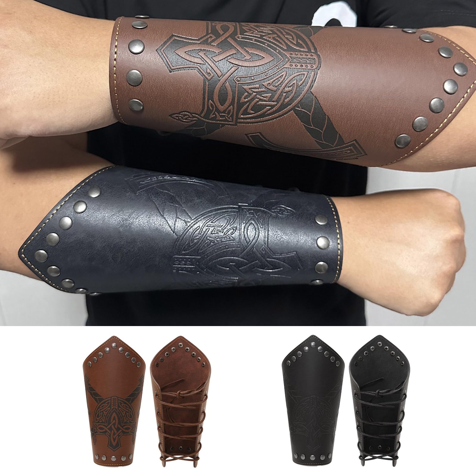 GRABAGECAN Embossed Pattern Wrist Guard Men Cosplay Vintage Wristbands Adjustable Metal Hole Gauntlets Wrist Armors