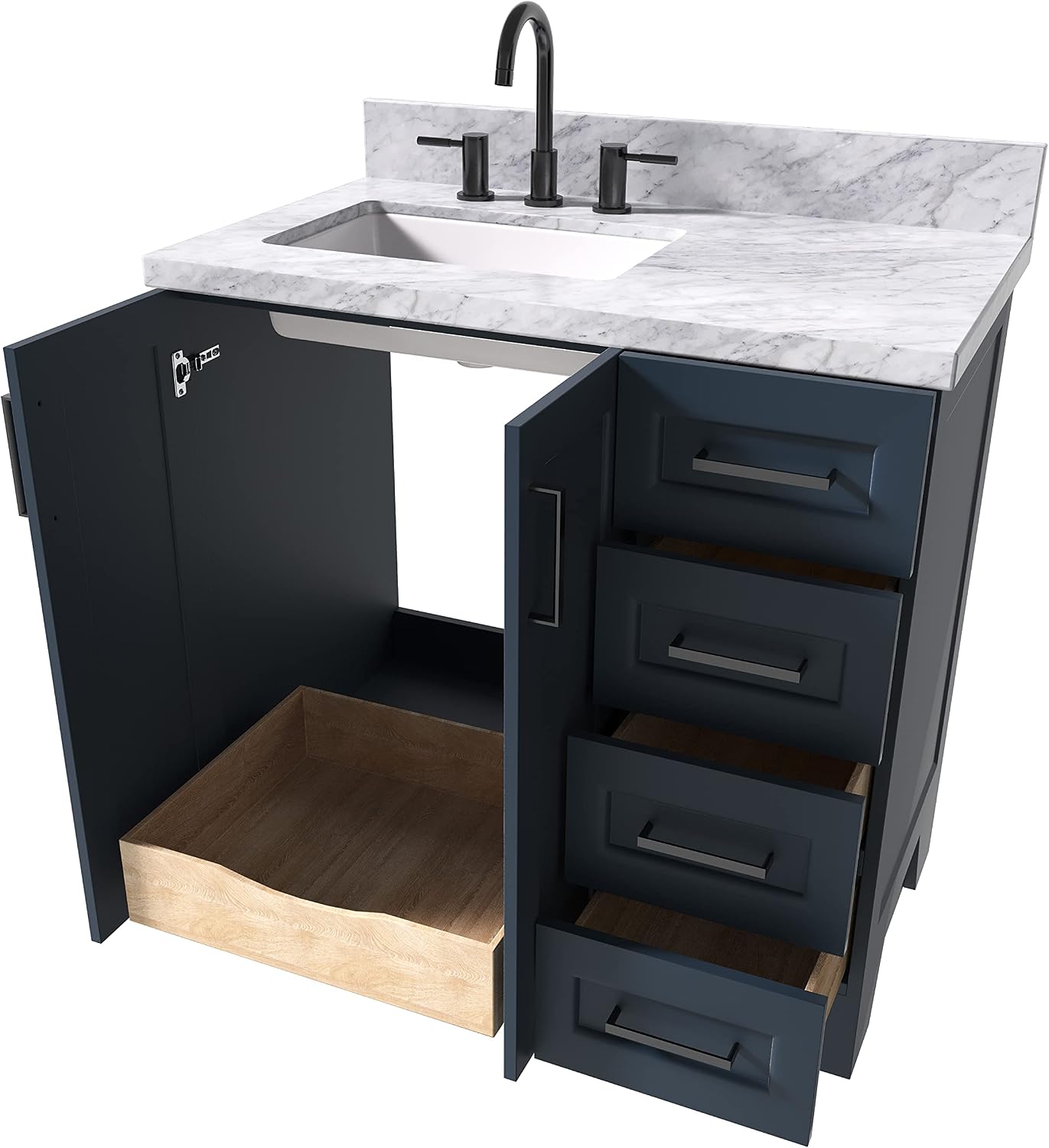 ARIEL Taylor 36-inch Bathroom Vanity with Sink,Solid Wood, 1.5-inch Italian Carrara Marble Countertop, Single Rectangular Porcelain Sink, 2 Soft Closing Doors, 5 Dovetail Drawers, Midnight Blue