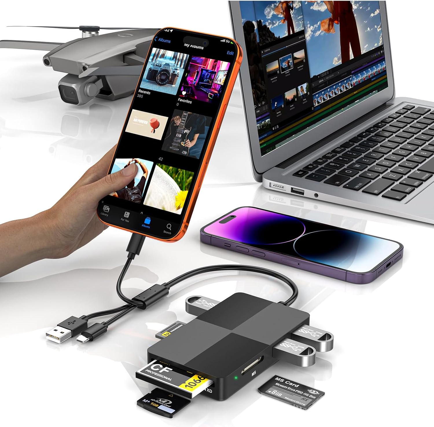 Memory Stick Pro Duo Card Reader, 8-in-1 Memory Card Reader for SD/TF/MS/CF/XD Cards, with 3 USB 2.0 Ports, iPhone/USB-C/USB-A Adapter for Phone, Tablet, Laptop and Computer
