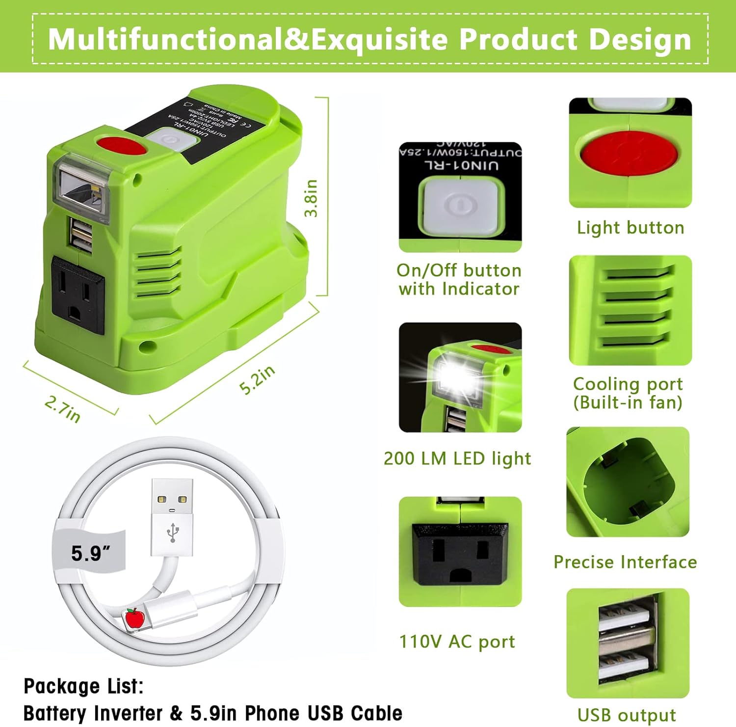 Powered Inverter Generator for Ryebi 18V Volt Battery, 150 Watt Portable Power Inverters with Dual USB & LED Light, DC 18V to AC 110~120V with AC Outlets, Modified Sine Wave Power Inverter