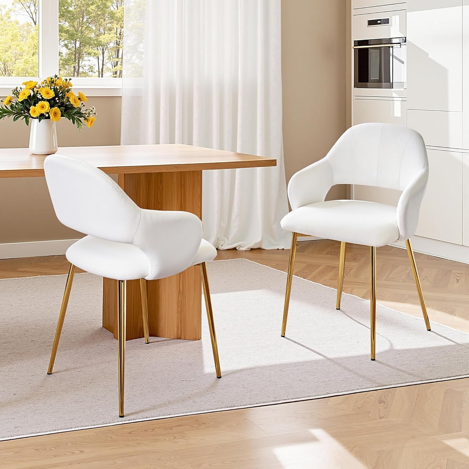 VECELO Velvet Dining Chairs Set of 2, Modern Upholstered Kitchen Chairs with Cushion, Padded Backrest and Metal Legs, White