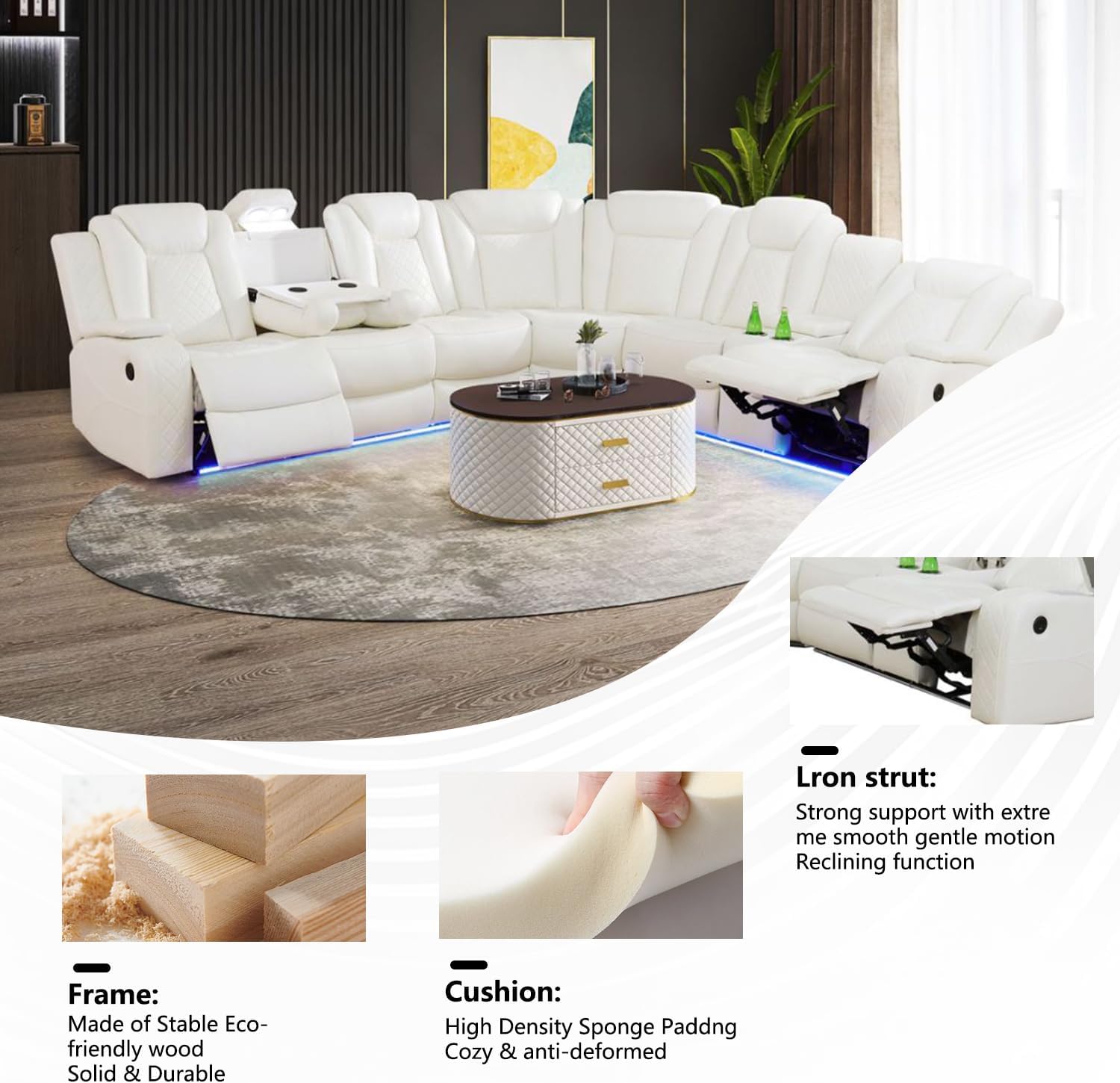 Power Recliner Sectional Sofa with LED Light, Power Reclining Corner Sectional Sofa Set,Leather Living Room Couch Set with USB Port&Cup Holder Storage Console for Home Theater/Office (Cream White)