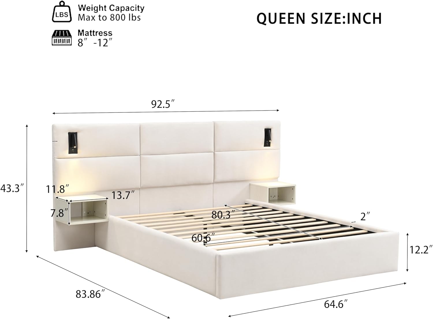 Christopher Knight Home Tula Upholstered Queen Size Bed Frame with Reading Lights and Side Shelves, Modern Queen Bed Frame with Headboard, Wooden Slats, Easy Assembly, No Box Spring Needed, White